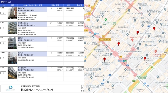 地図連動機能付きの物件比較表や個別資料を簡単に作成可